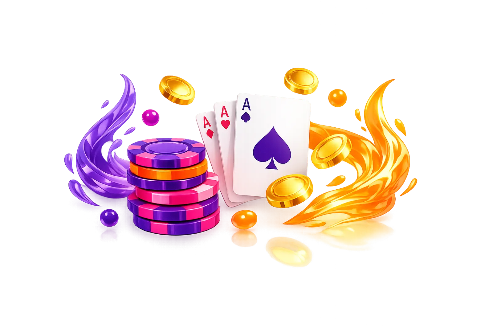 3D render of floating gaming elements, poker chips, playing cards, and glowing coins with stylized flames on white background
