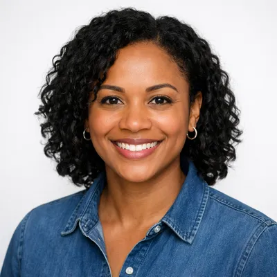 Photorealistic avatar of a diverse adult with a warm expression, wearing casual attire on light gray background